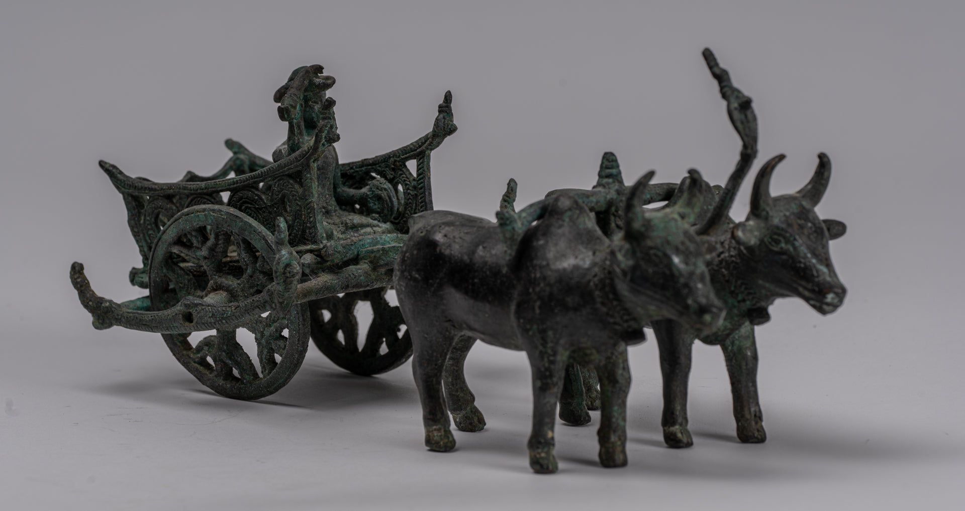 Ox Cart Statue - Antique Khmer Style Bronze Ox Cart Statue - 24cm/10"