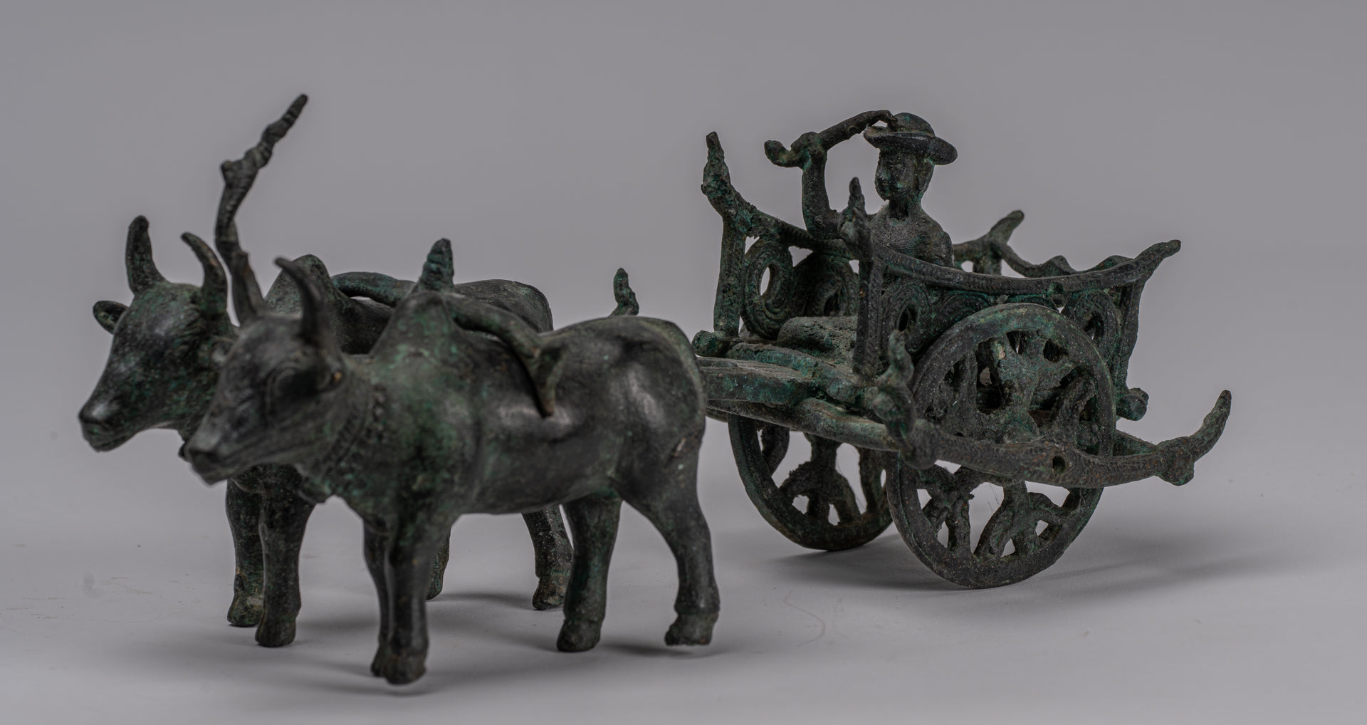 Ox Cart Statue - Antique Khmer Style Bronze Ox Cart Statue - 24cm/10"
