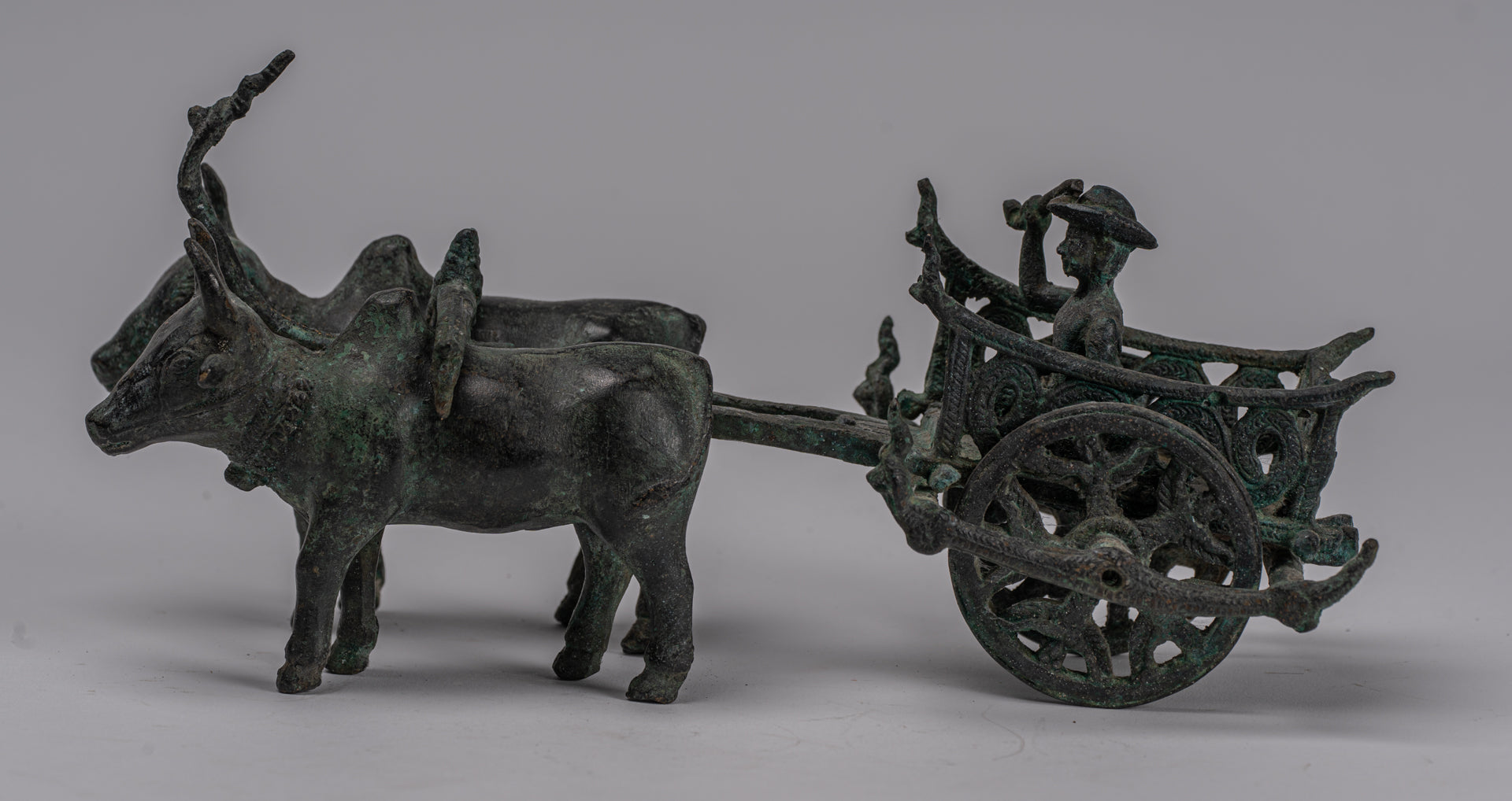 Ox Cart Statue - Antique Khmer Style Bronze Ox Cart Statue - 24cm/10"