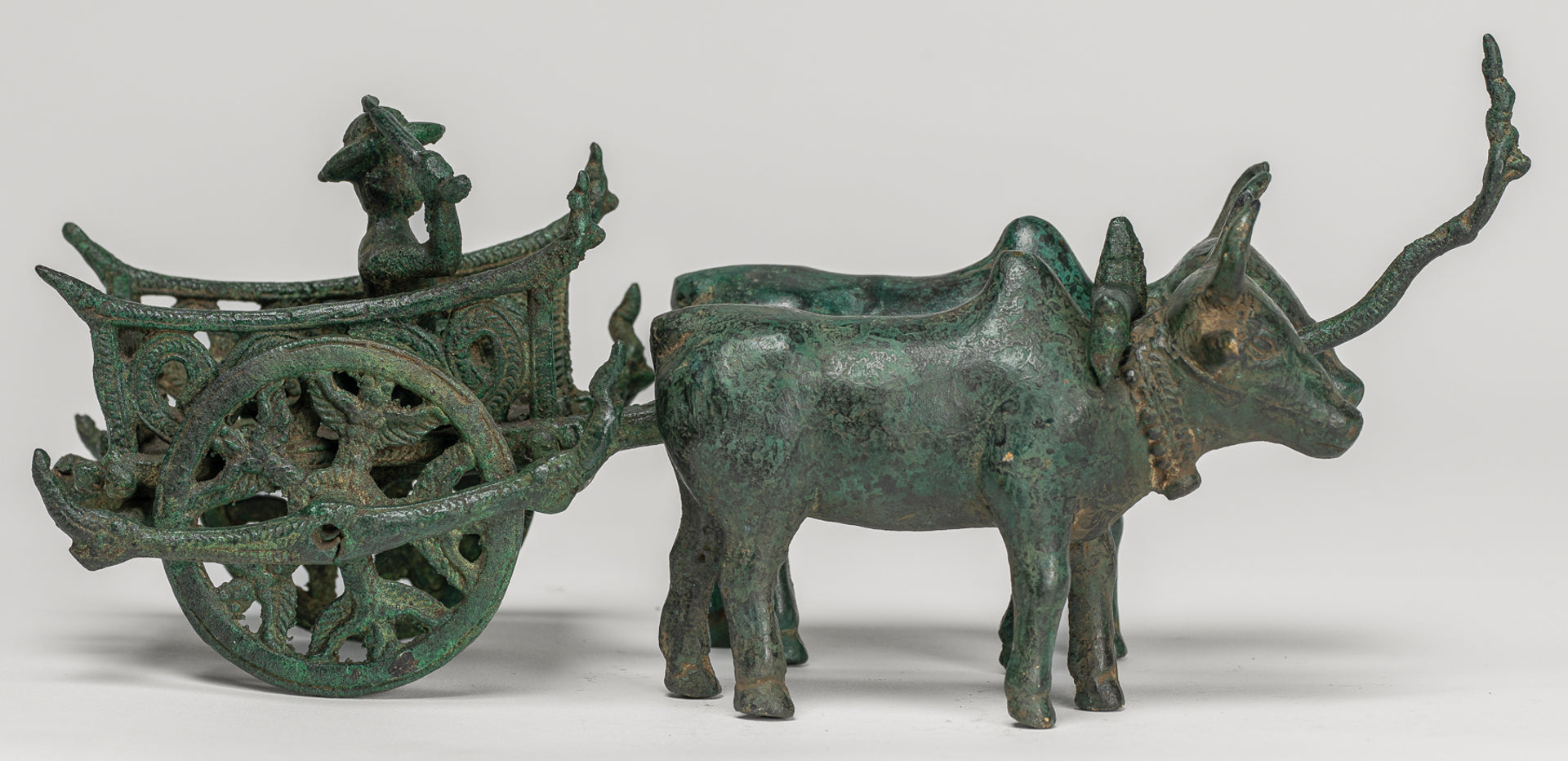 Ox Cart Statue - Antique Khmer Style Bronze Ox Cart Statue - 26cm/10"