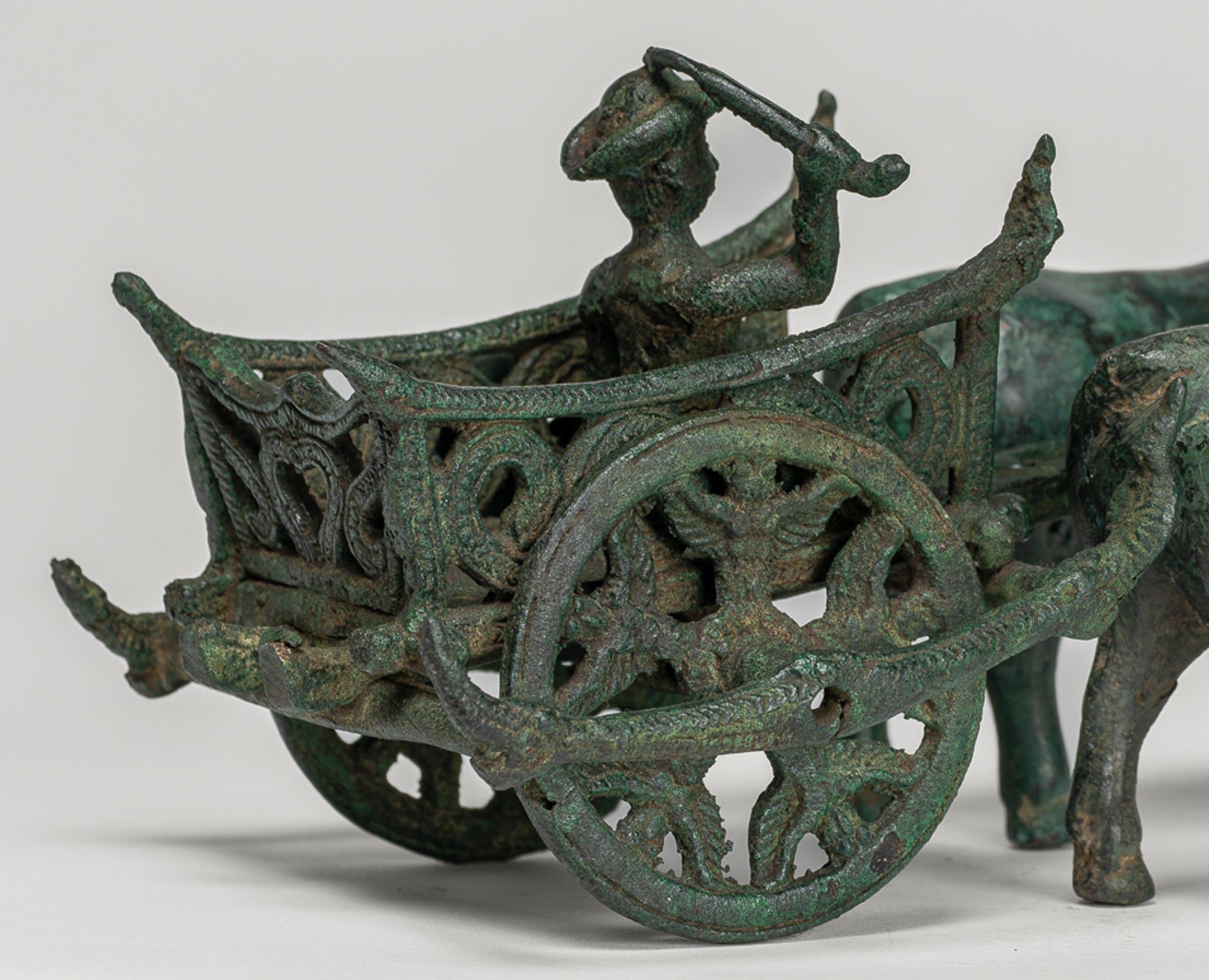 Ox Cart Statue - Antique Khmer Style Bronze Ox Cart Statue - 26cm/10"