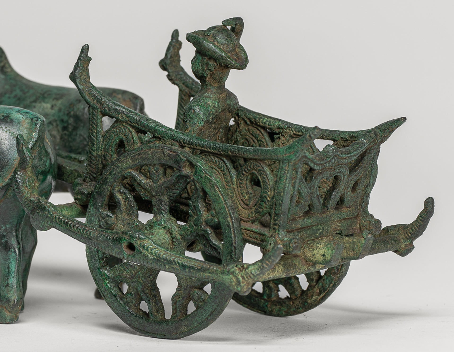 Ox Cart Statue - Antique Khmer Style Bronze Ox Cart Statue - 26cm/10"