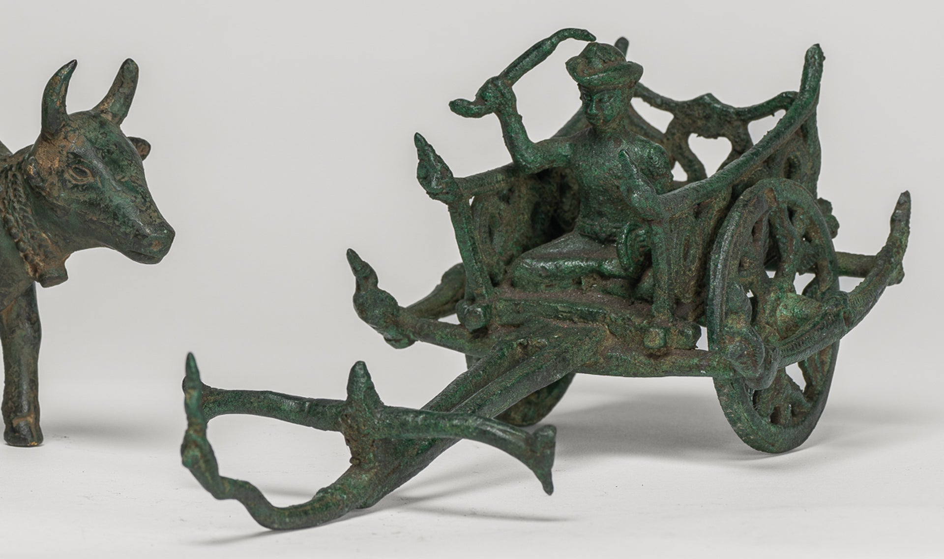 Ox Cart Statue - Antique Khmer Style Bronze Ox Cart Statue - 26cm/10"
