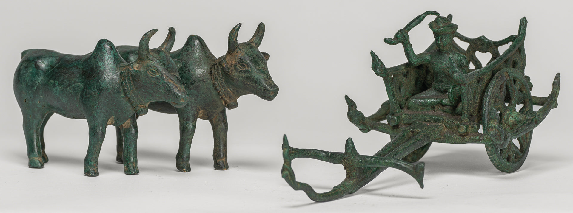 Ox Cart Statue - Antique Khmer Style Bronze Ox Cart Statue - 26cm/10"