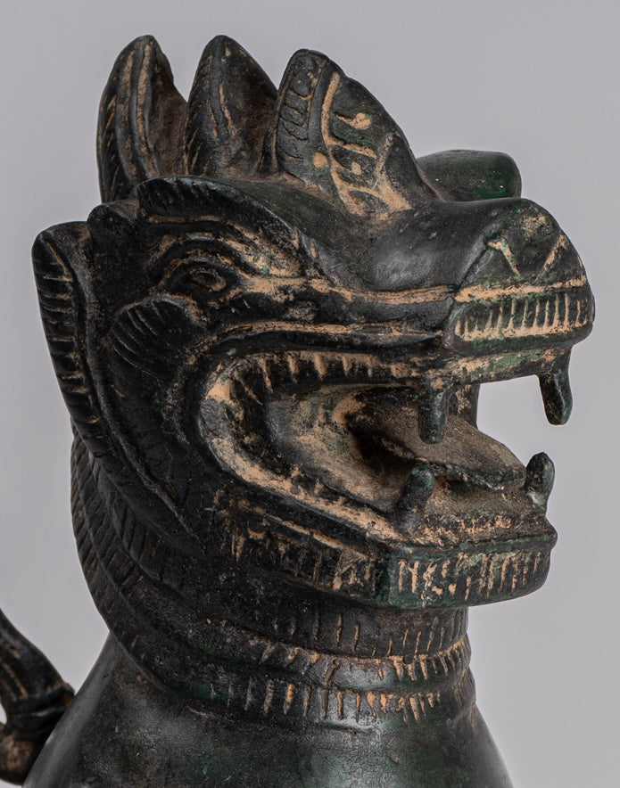 Antique Burmese Style Bronze Standing Chinthe Guardian Temple Lions - 24cm/10" (Pair)