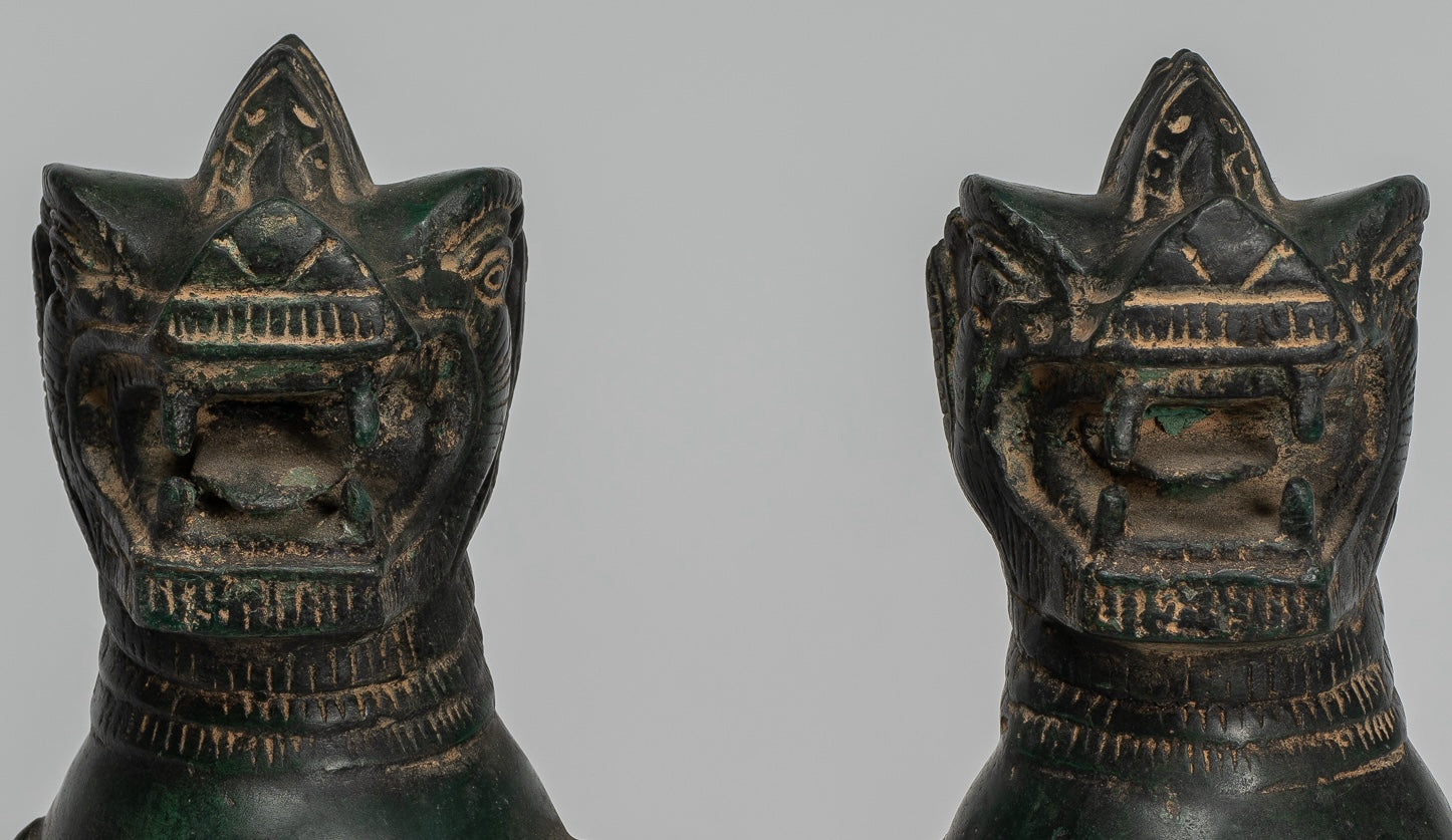 Antique Burmese Style Bronze Standing Chinthe Guardian Temple Lions - 24cm/10" (Pair)