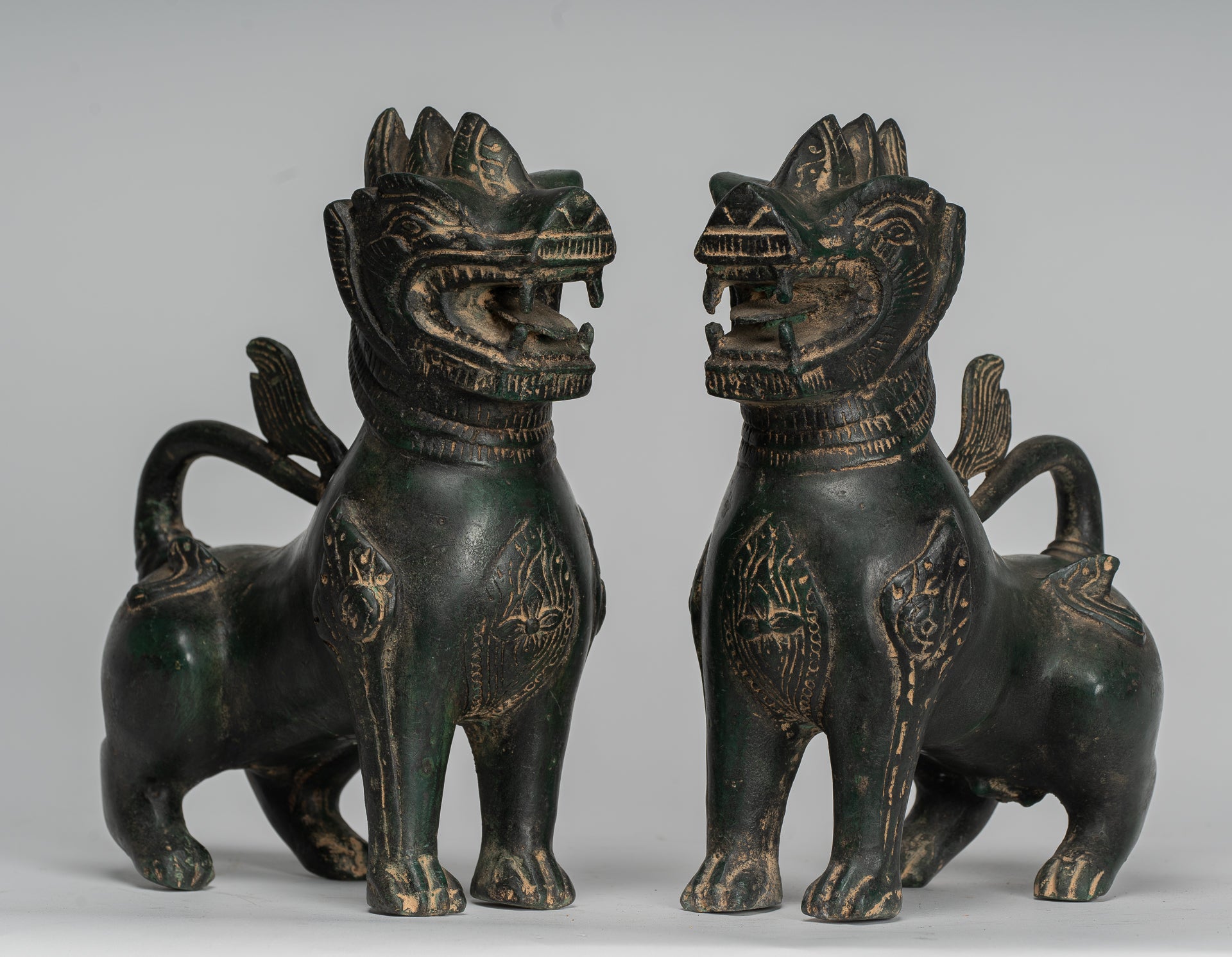 Antique Burmese Style Bronze Standing Chinthe Guardian Temple Lions - 24cm/10" (Pair)