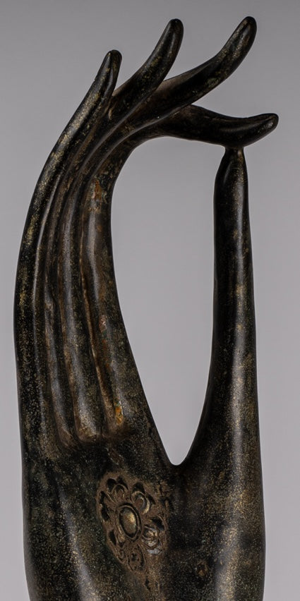 Mounted Antique Khmer Style Southeast Asia Bronze Teaching Hand - 62cm/25"