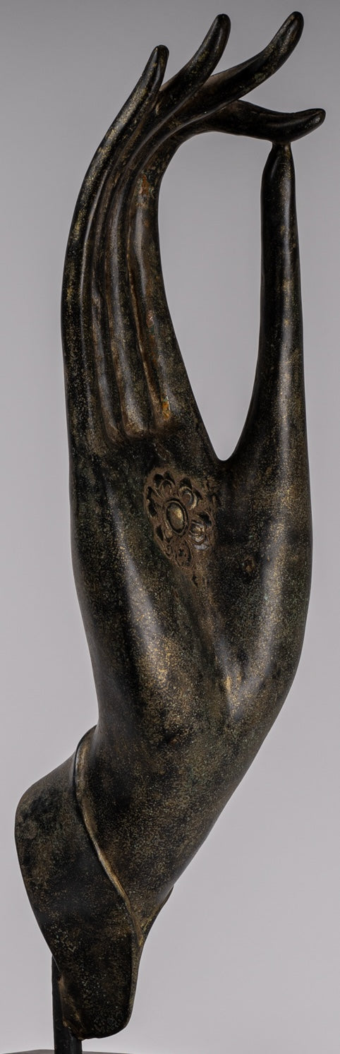 Mounted Antique Khmer Style Southeast Asia Bronze Teaching Hand - 62cm/25"