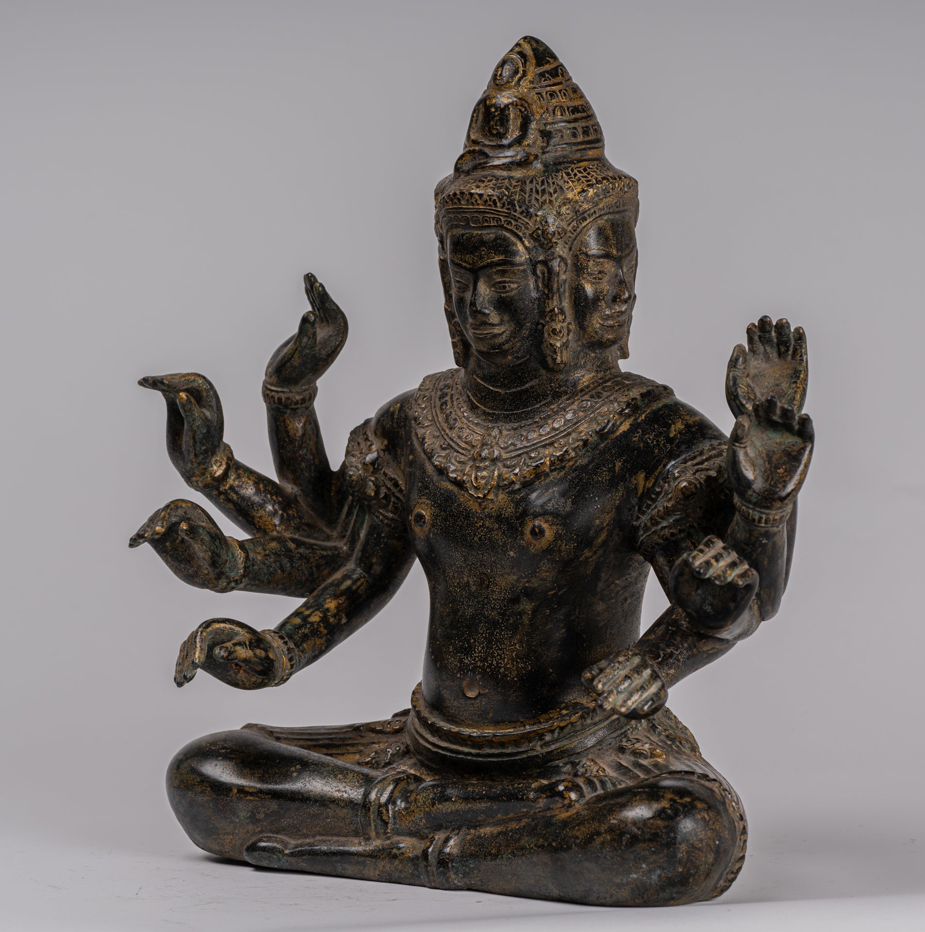 Antique Khmer Style Seated Bronze Bodhisattva Avalokiteshvara Statue - 36cm/14"