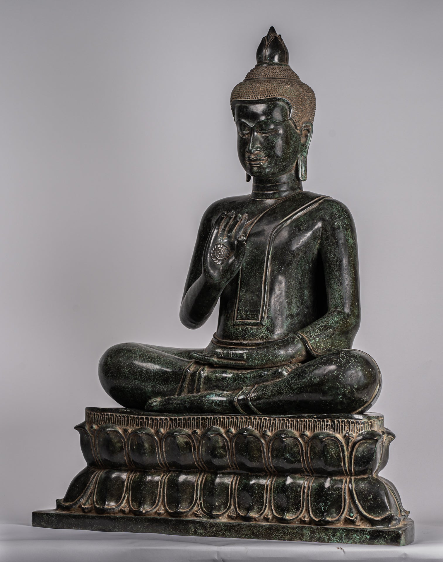 Buddha - Antique Khmer Style Bronze Enthroned Teaching Buddha Statue - 95cm/38"