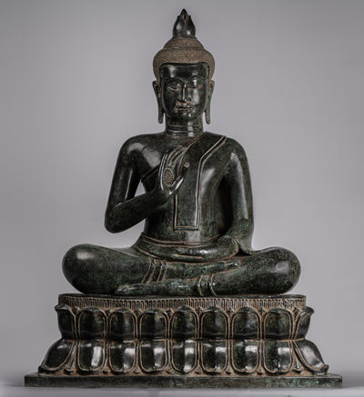 Buddha - Antique Khmer Style Bronze Enthroned Teaching Buddha Statue - 95cm/38"