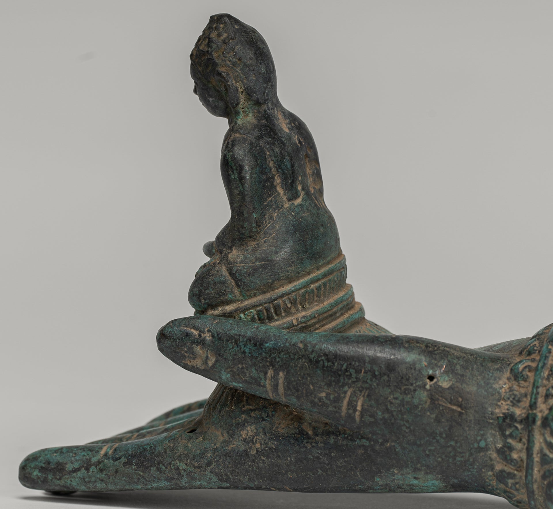 Freestanding Antique Khmer Style Bronze Hand & Buddha - 12cm/5"