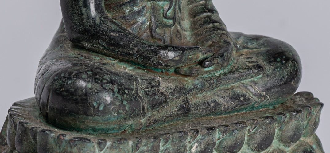 Buddha - Antique Khmer Style Bronze Enthroned Meditation Buddha Statue - 19cm/6"