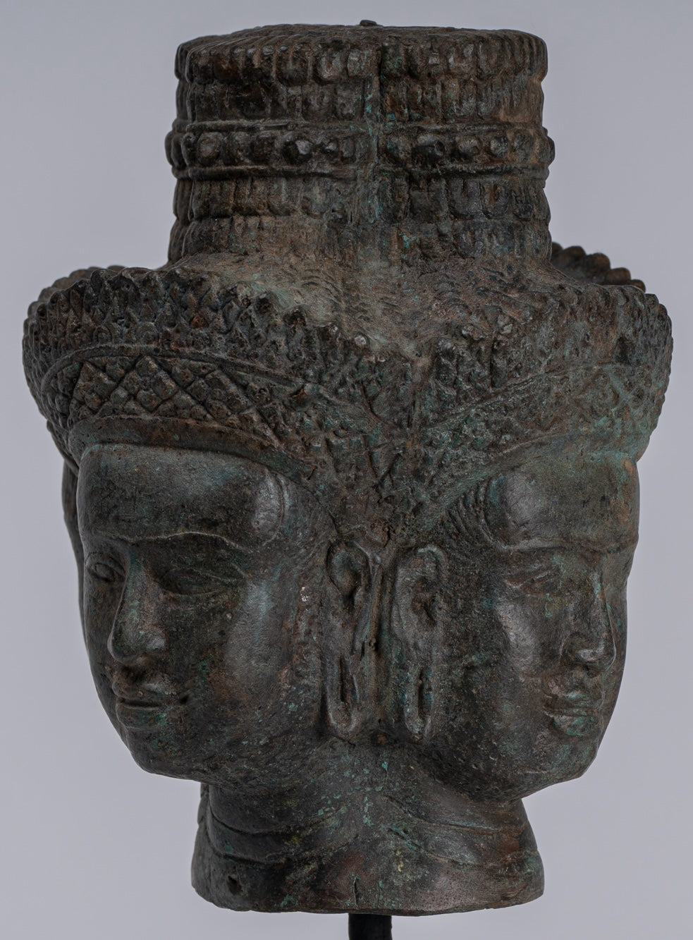 Brahma Statue - Antique Khmer Style Mounted Bronze Brahma Head - Hindu God Creation - 24cm/10"