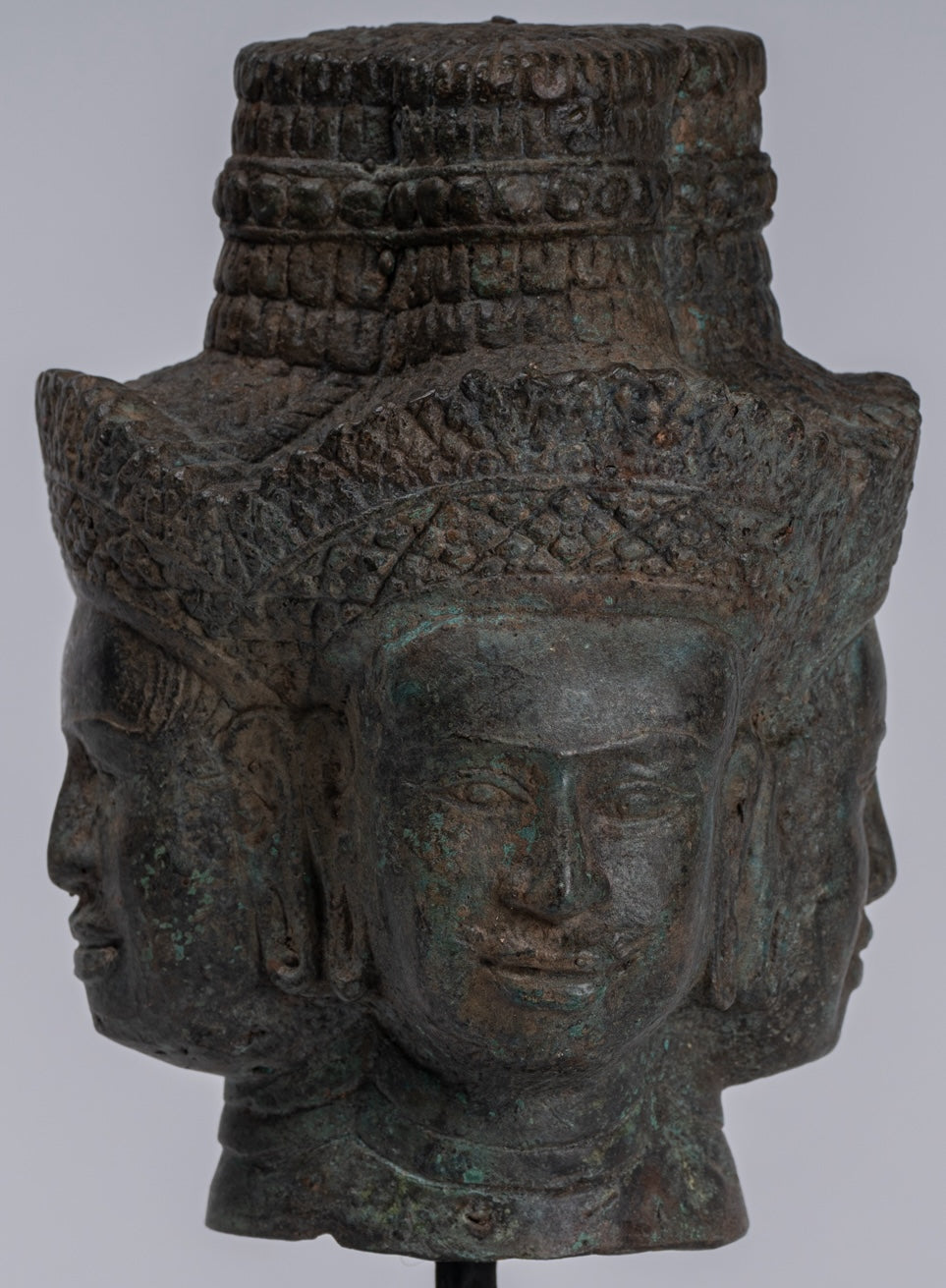 Brahma Statue - Antique Khmer Style Mounted Bronze Brahma Head - Hindu God Creation - 24cm/10"