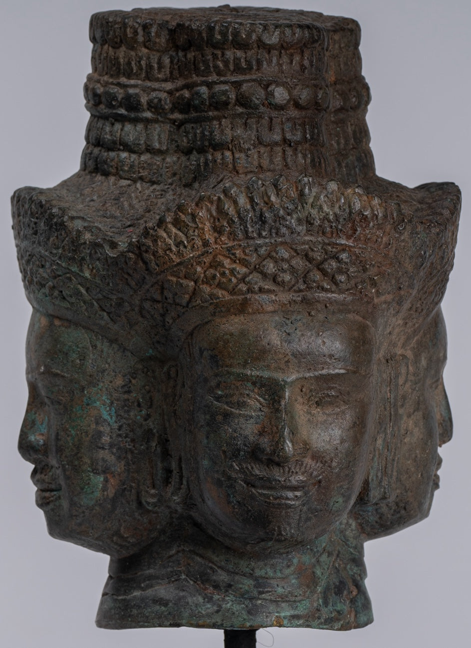 Brahma Statue - Antique Khmer Style Mounted Bronze Brahma Head - Hindu God Creation - 24cm/10"