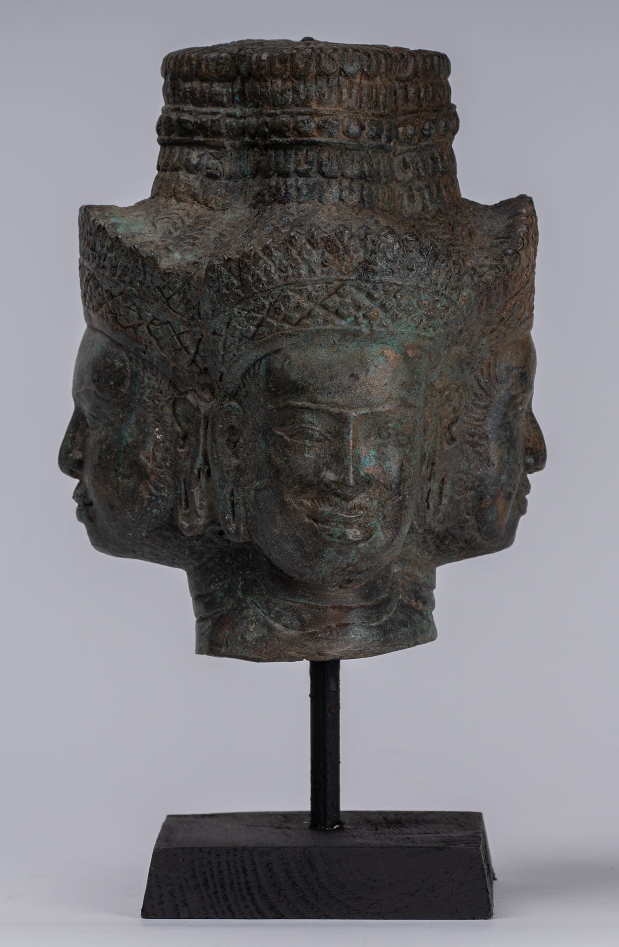 Brahma Statue - Antique Khmer Style Mounted Bronze Brahma Head - Hindu God Creation - 24cm/10"