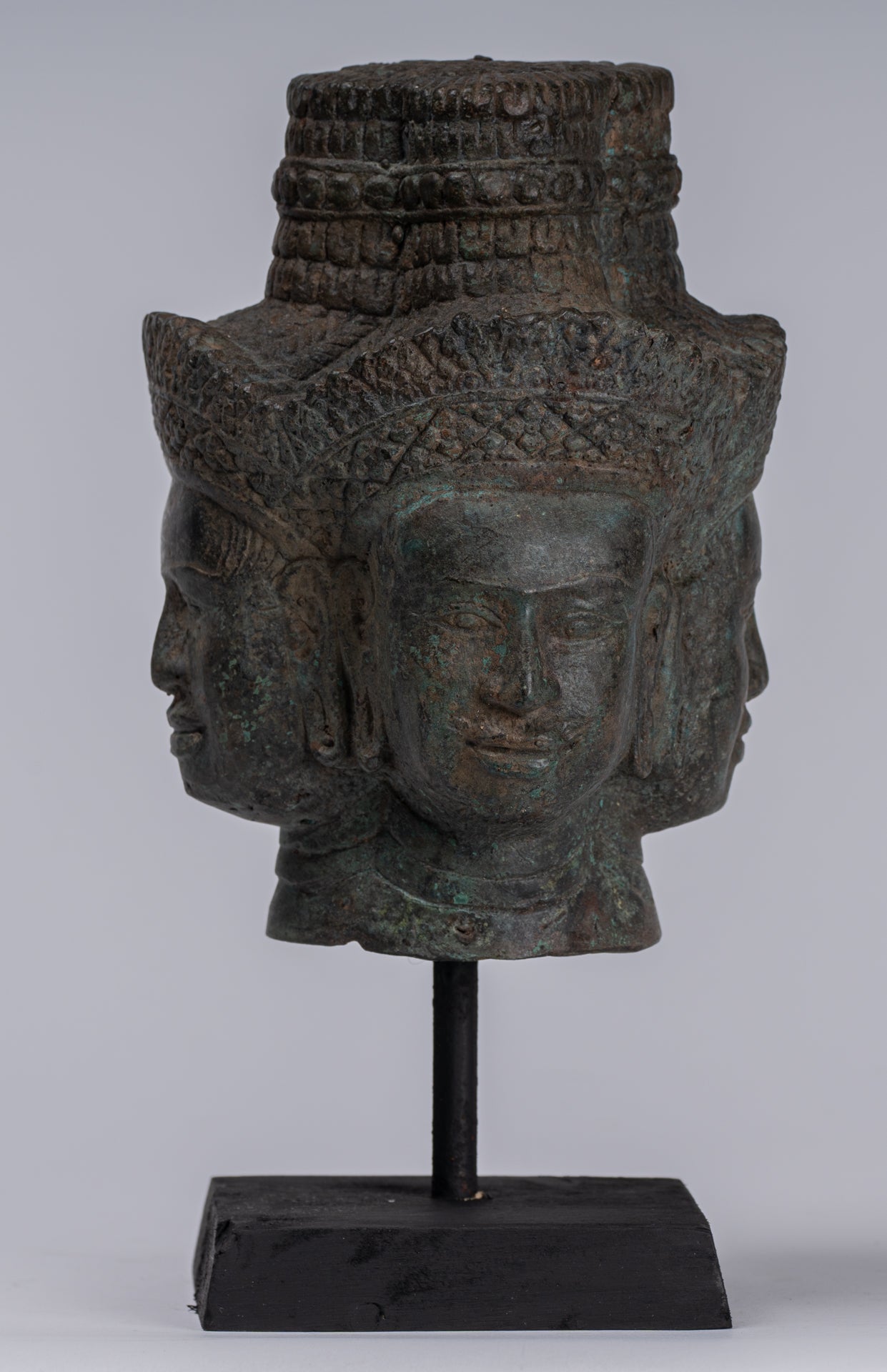 Brahma Statue - Antique Khmer Style Mounted Bronze Brahma Head - Hindu God Creation - 24cm/10"