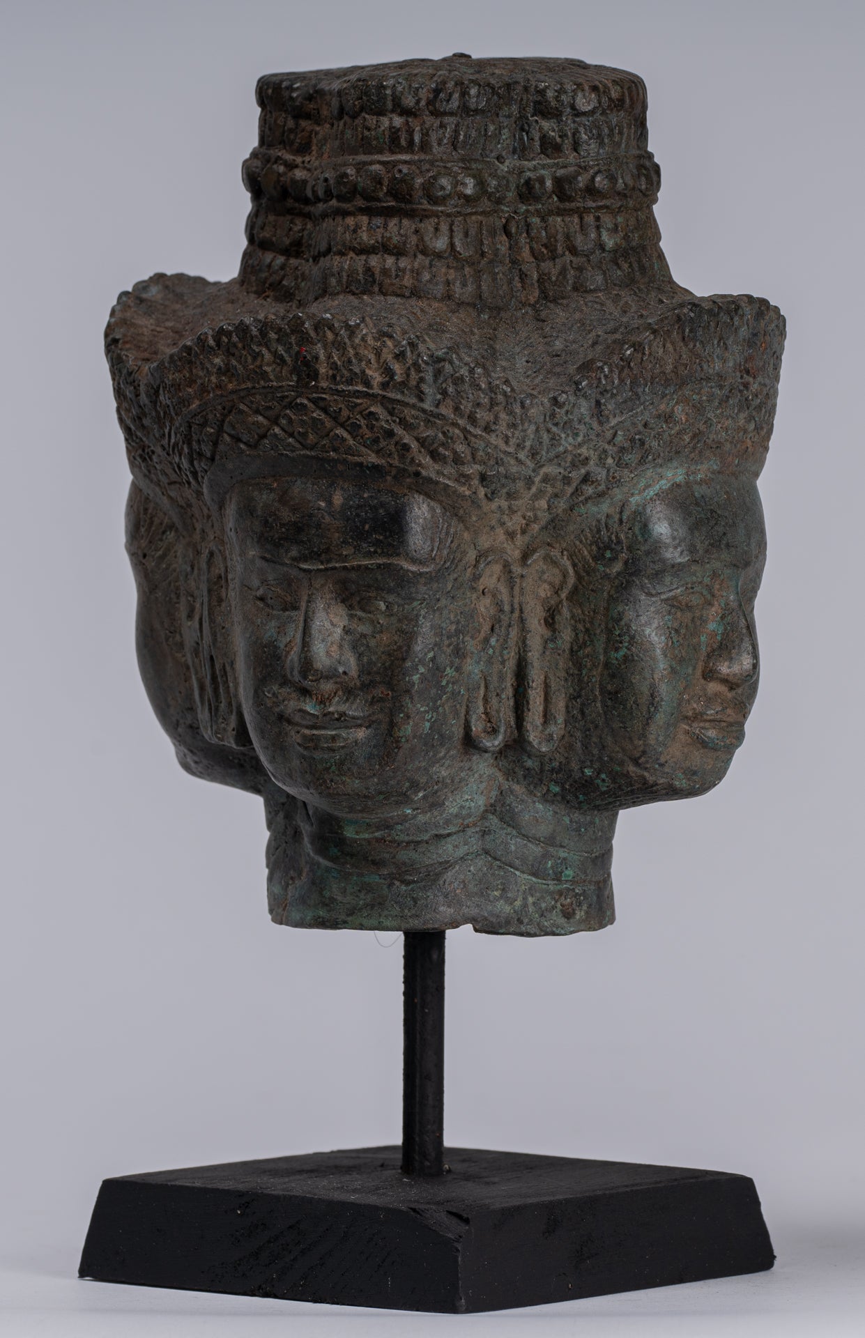 Brahma Statue - Antique Khmer Style Mounted Bronze Brahma Head - Hindu God Creation - 24cm/10"