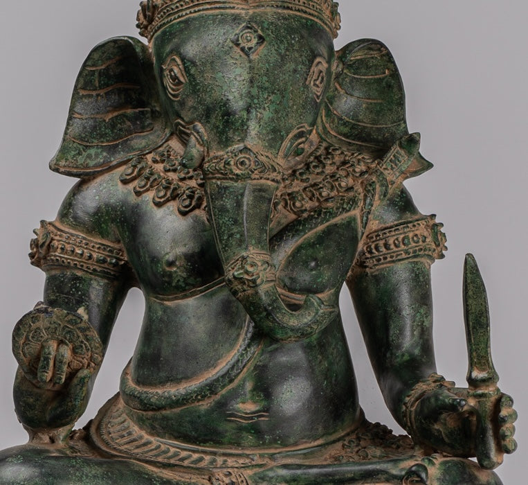 Ganesha Statue - Antique Khmer Style Bronze Seated Ganesh Statue - 60cm/24"