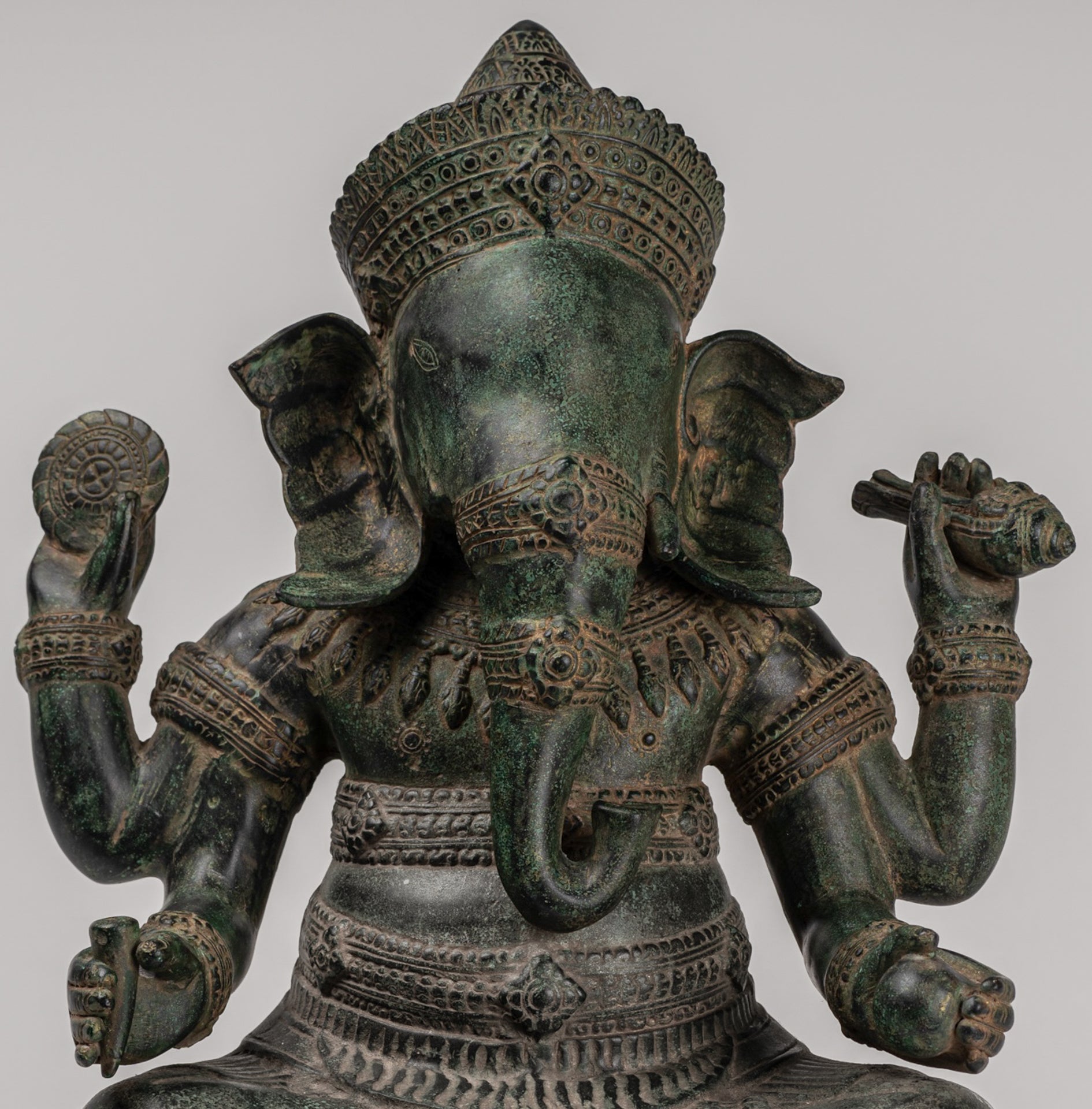 Ganesha Statue - Antique Khmer Style Angkor Wat Bronze Seated Four Arm Ganesh Statue - 38cm/15"