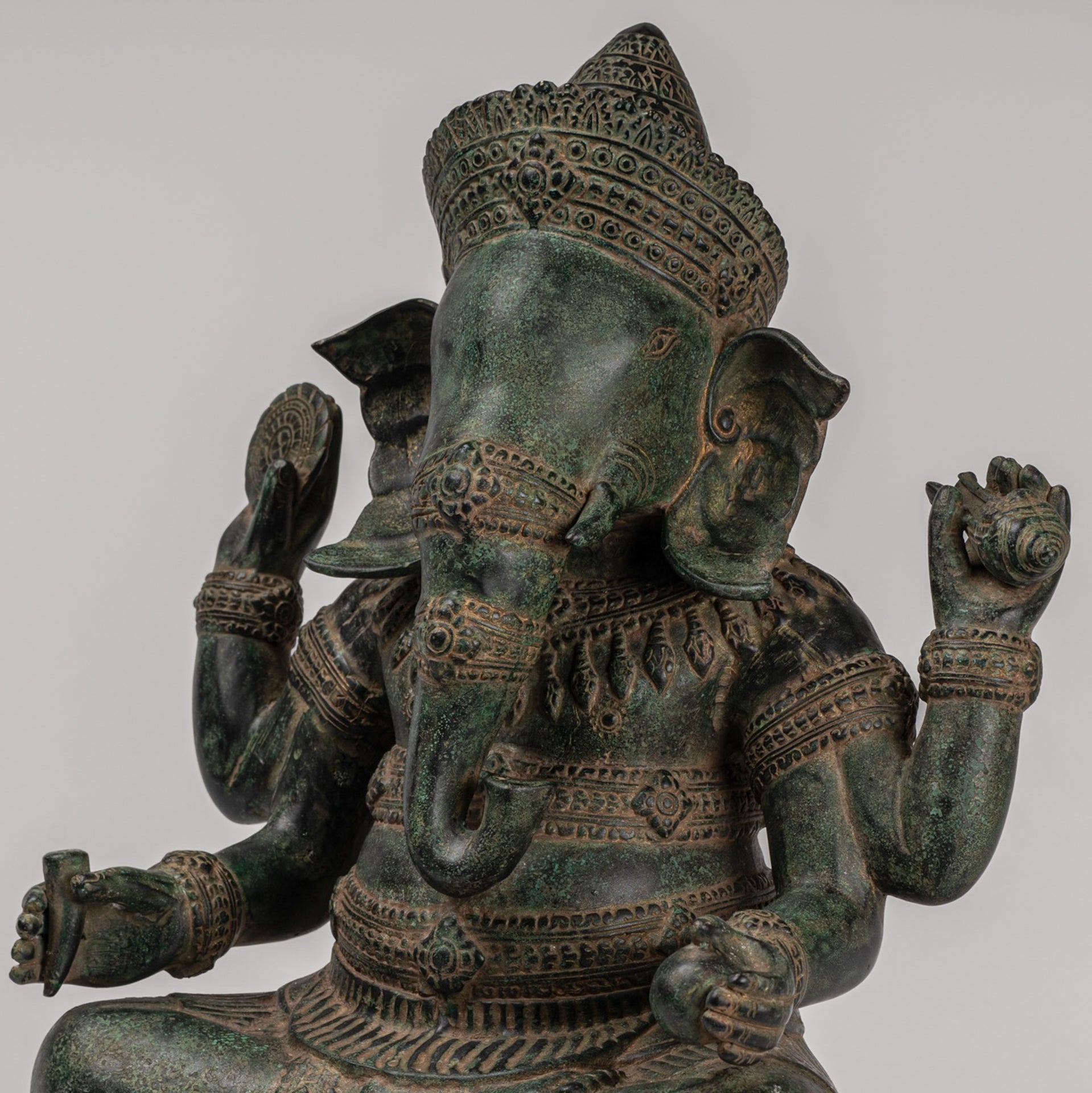 Ganesha Statue - Antique Khmer Style Angkor Wat Bronze Seated Four Arm Ganesh Statue - 38cm/15"