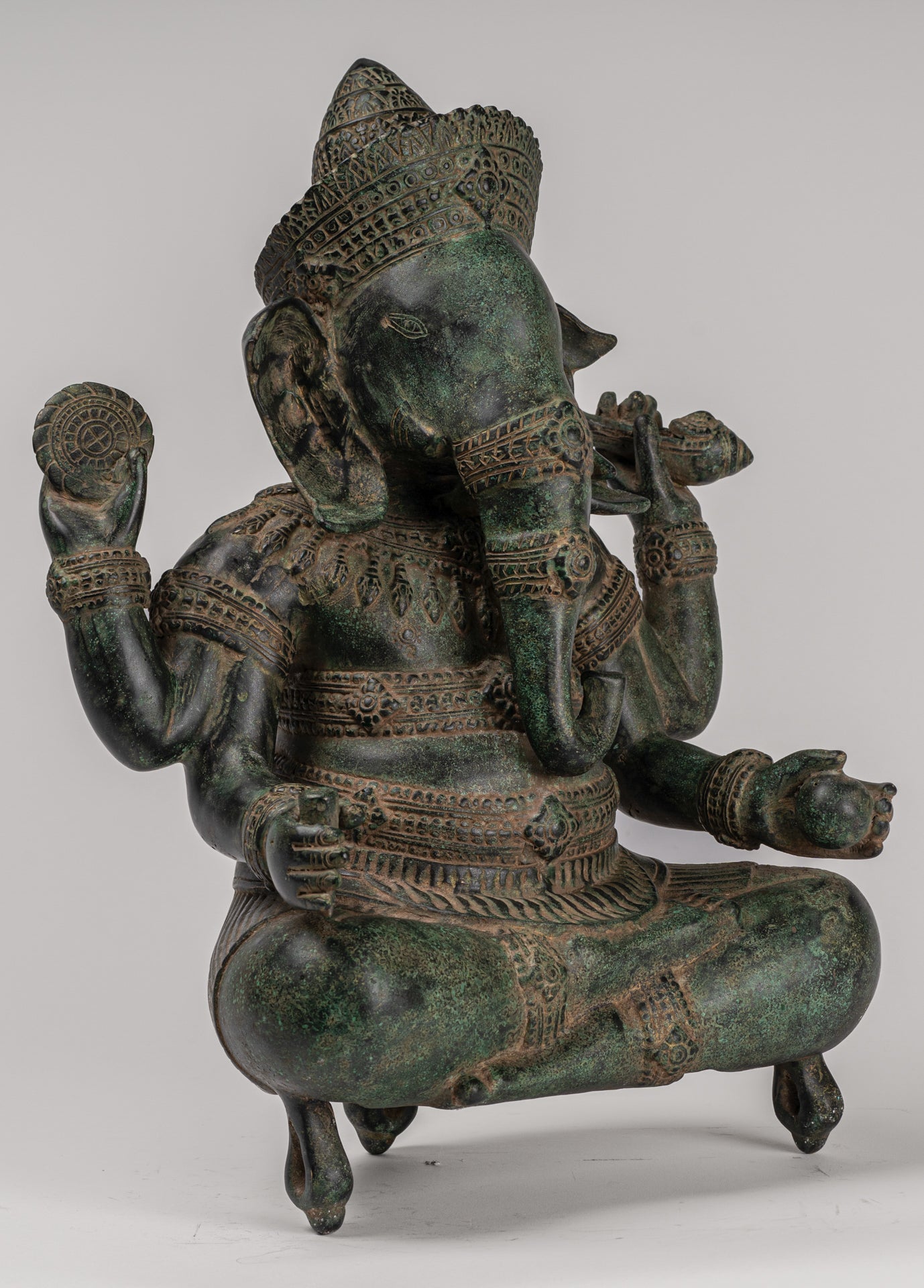 Ganesha Statue - Antique Khmer Style Angkor Wat Bronze Seated Four Arm Ganesh Statue - 38cm/15"