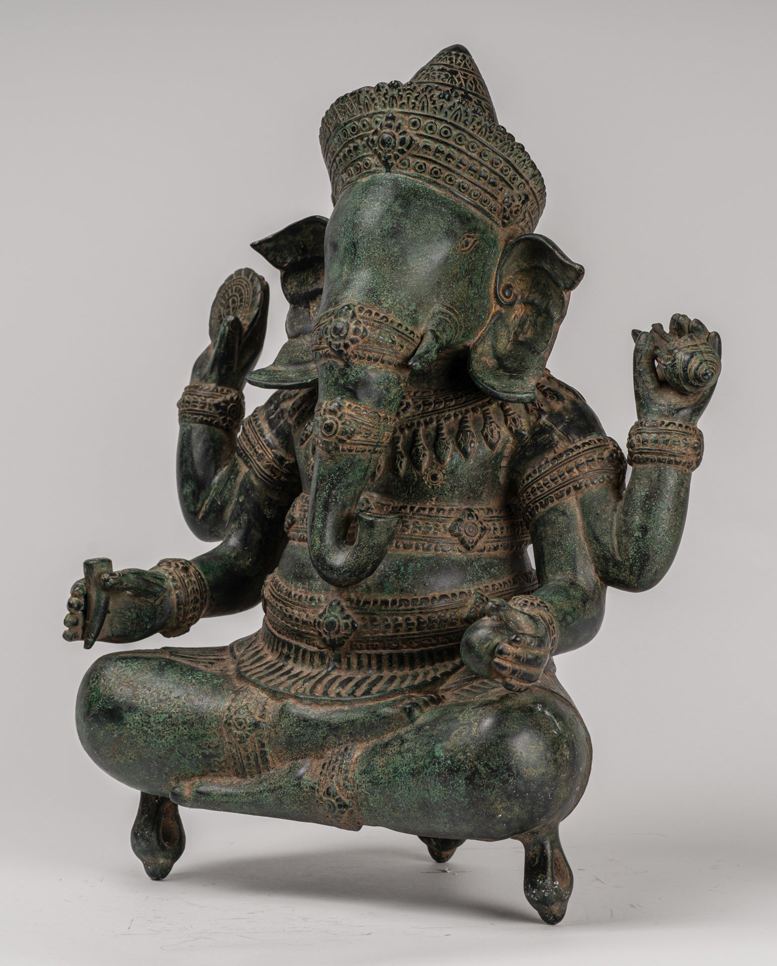 Ganesha Statue - Antique Khmer Style Angkor Wat Bronze Seated Four Arm Ganesh Statue - 38cm/15"