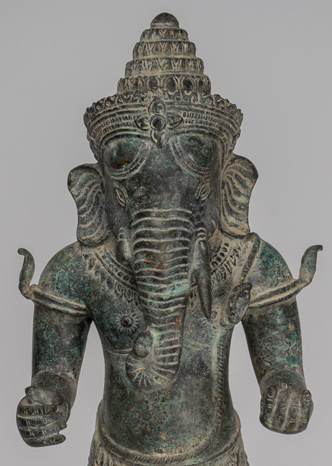 Ganesha Statue - Antique Khmer Style Mounted Standing Bronze Angkor Wat Ganesha Statue - 57cm/23"