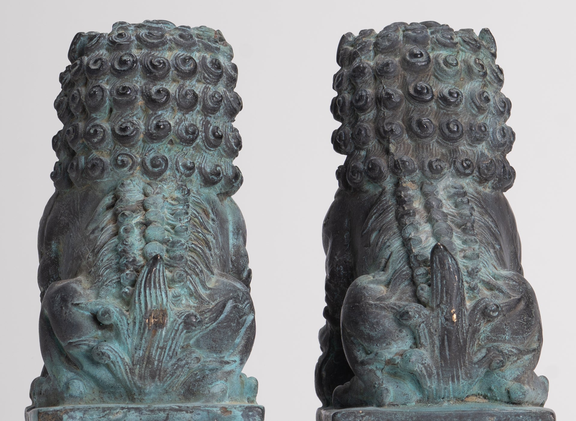 Antique Chinese Style Bronze Temple Guardian Lions Shishi Lions Foo Dogs Imperial Lions (Pair) - 16.5cm/7"