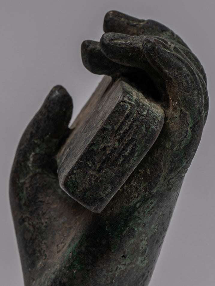 Free Standing Antique Khmer Style Southeast Asia Bronze Hand & Sutra - 16cm/6"