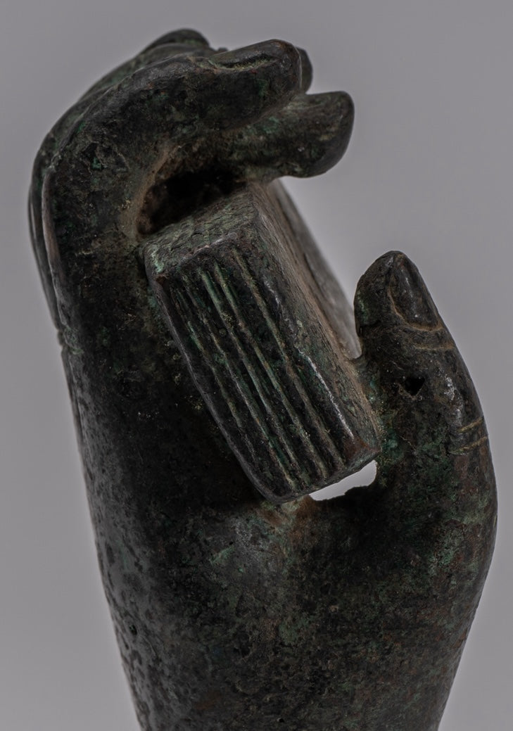 Free Standing Antique Khmer Style Southeast Asia Bronze Hand & Sutra - 16cm/6"