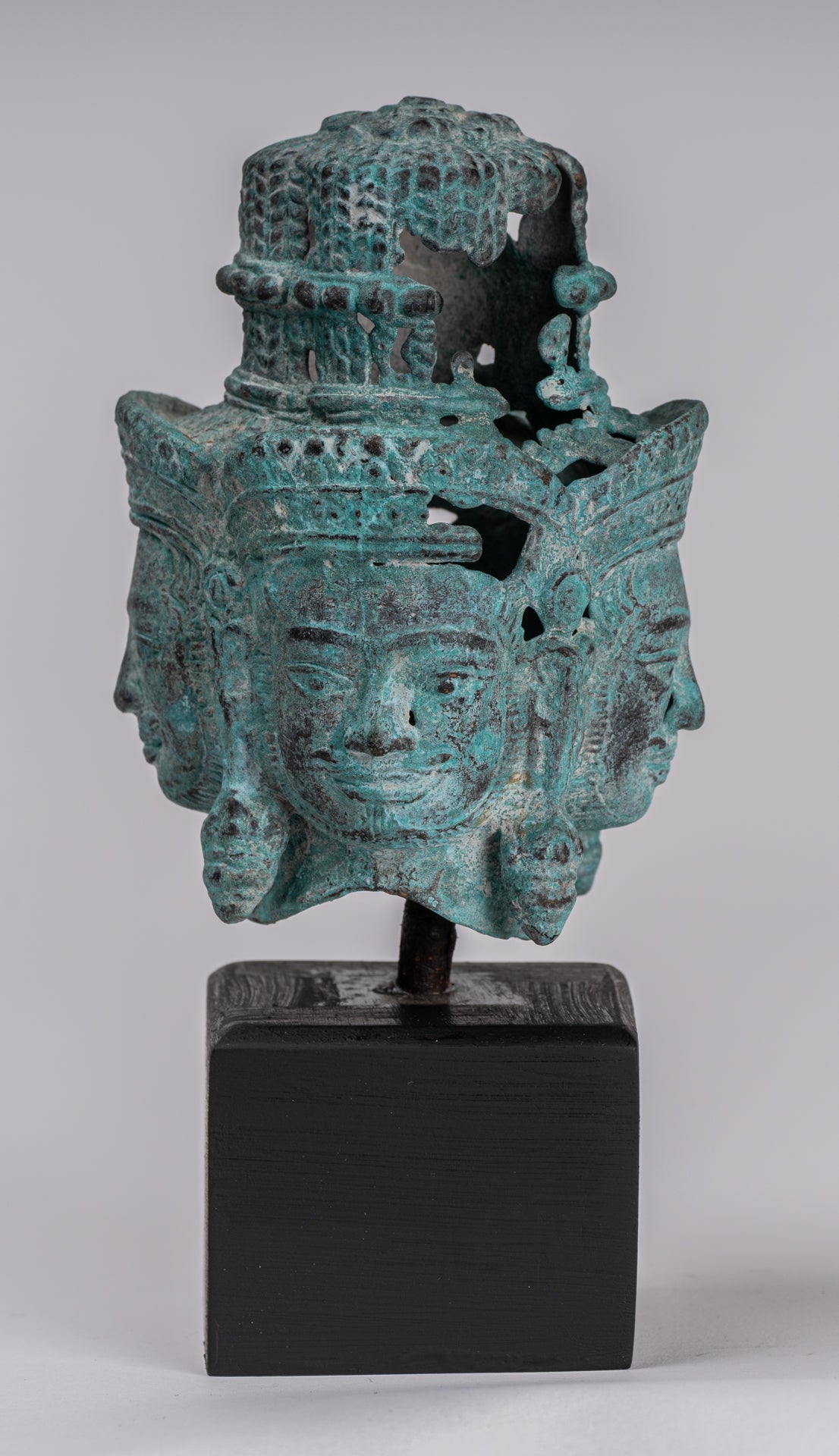 Brahma Statue - Antique Khmer Style Mounted Bronze Brahma Head - Hindu God Creation - 18cm/7"