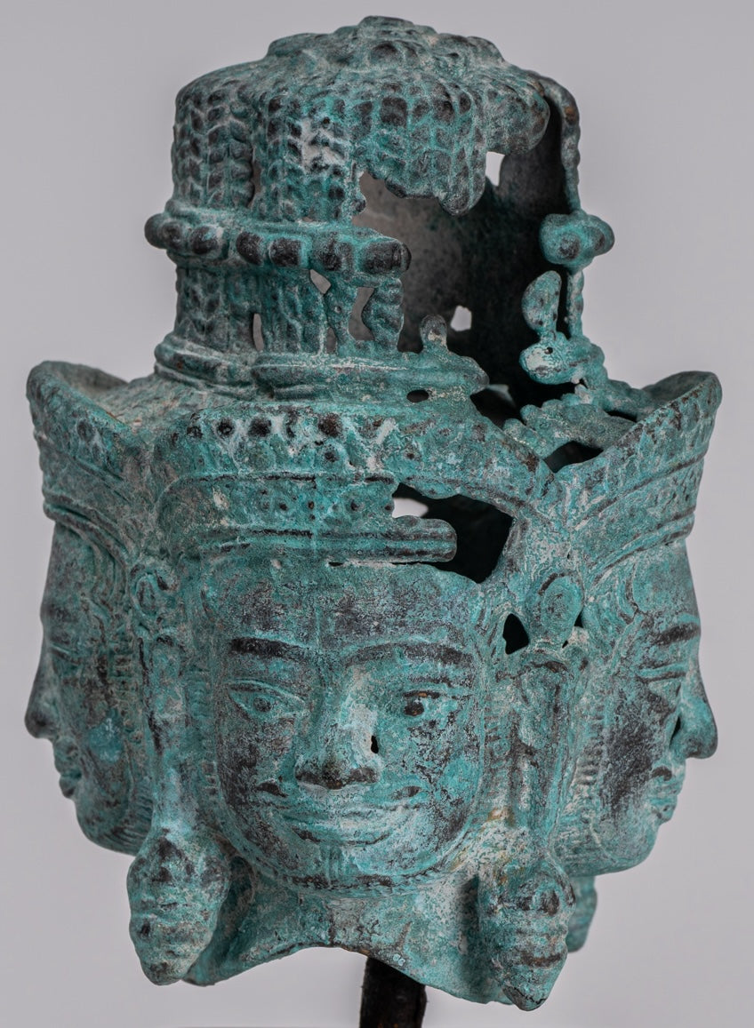 Brahma Statue - Antique Khmer Style Mounted Bronze Brahma Head - Hindu God Creation - 18cm/7"