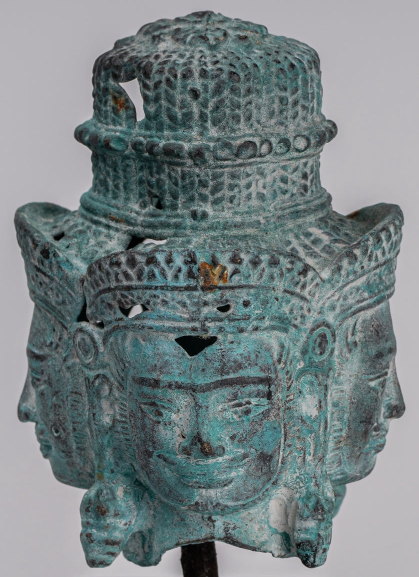 Brahma Statue - Antique Khmer Style Mounted Bronze Brahma Head - Hindu God Creation - 18cm/7"