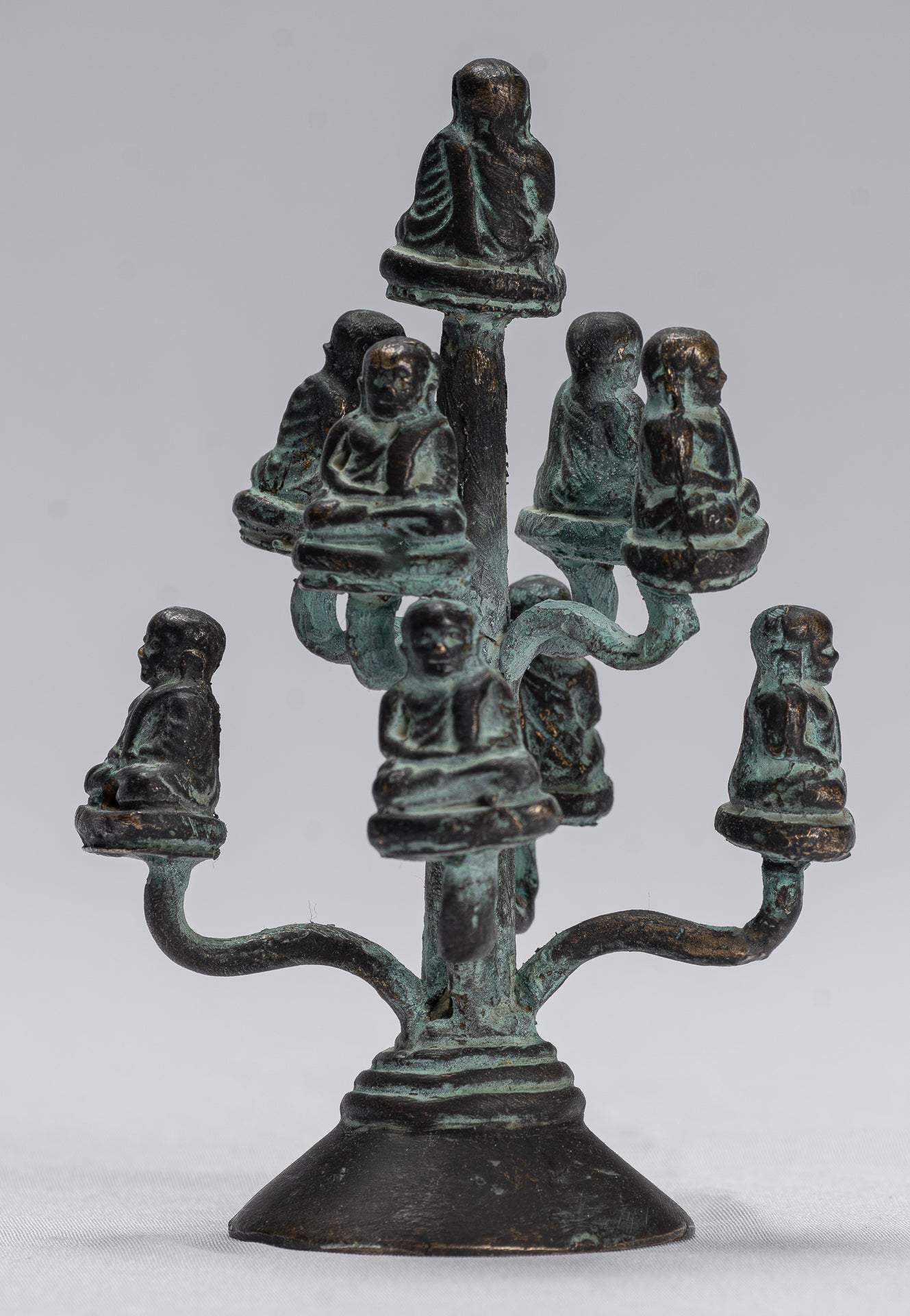 Buddha Sculpture - Antique Thai Style Bronze Happy, Fat, Laughing Buddha Budai Statues - 13cm/5"