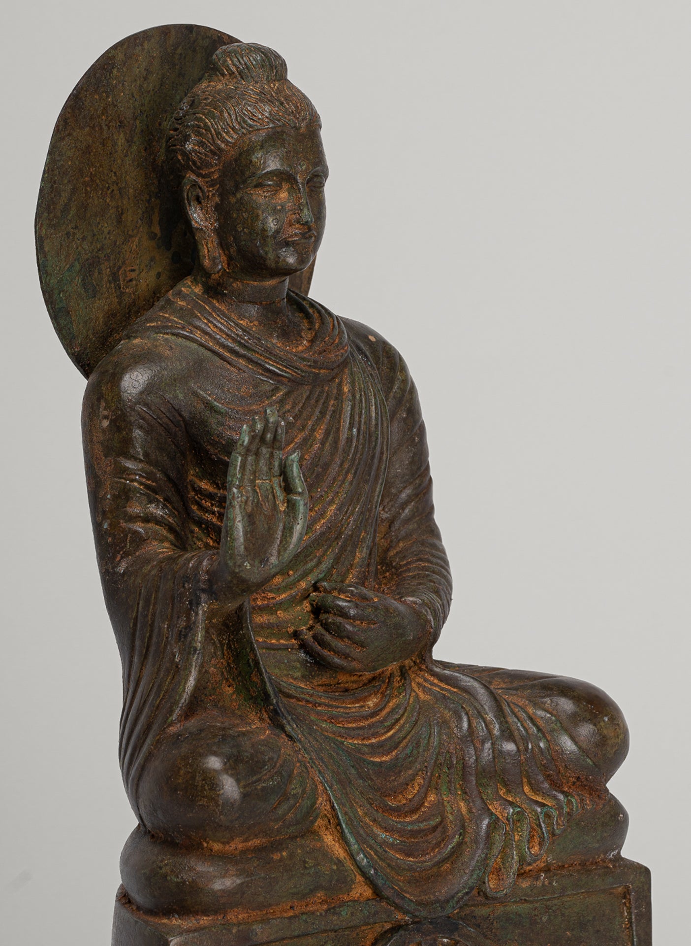 Indian Buddha Statue - Antique Gandhara Style Bronze Protection Buddha Statue - 35cm/14"