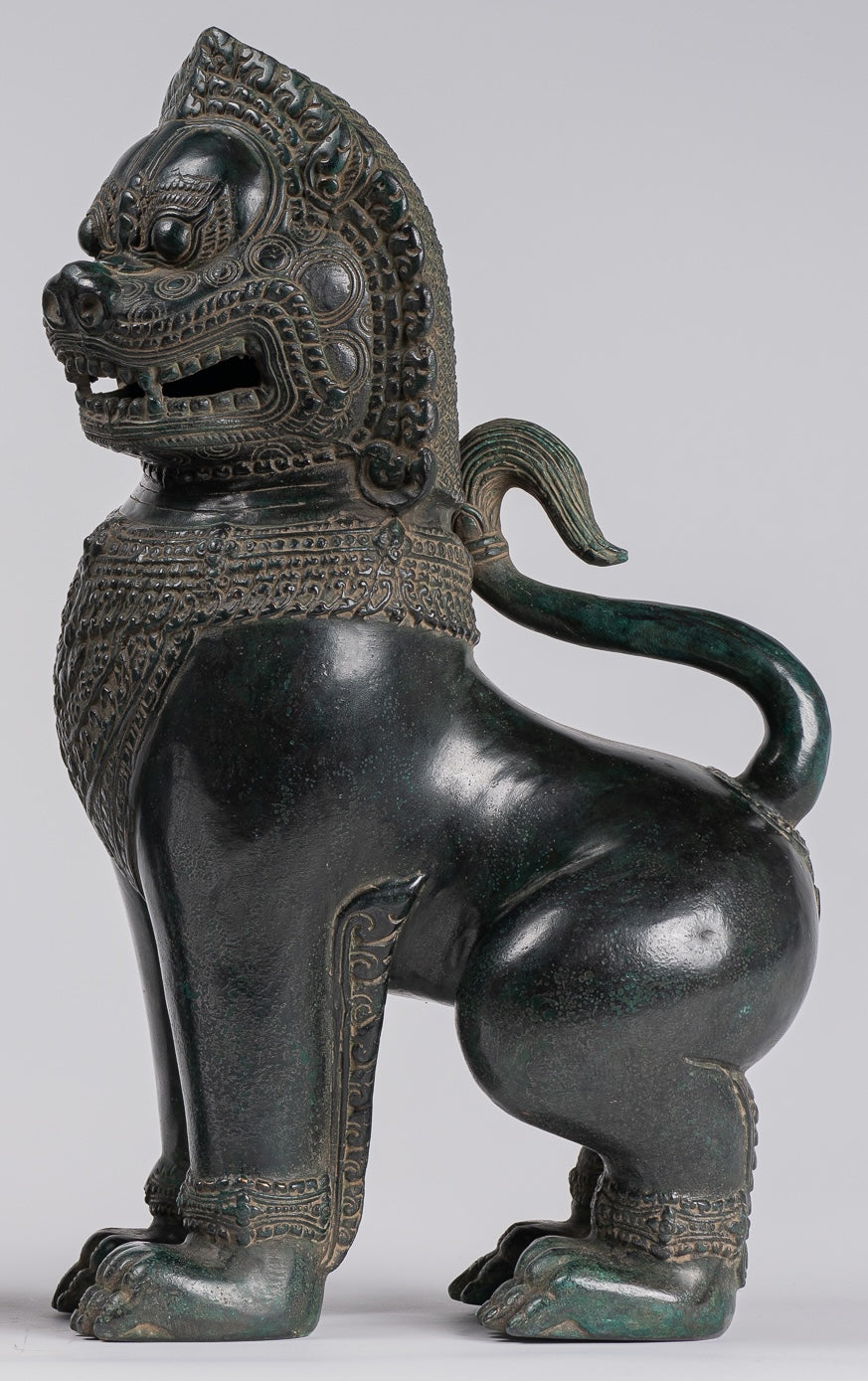 Temple Lions - Antique Khmer Style Bronze Standing Temple Guardians or Lions - 38cm/15"