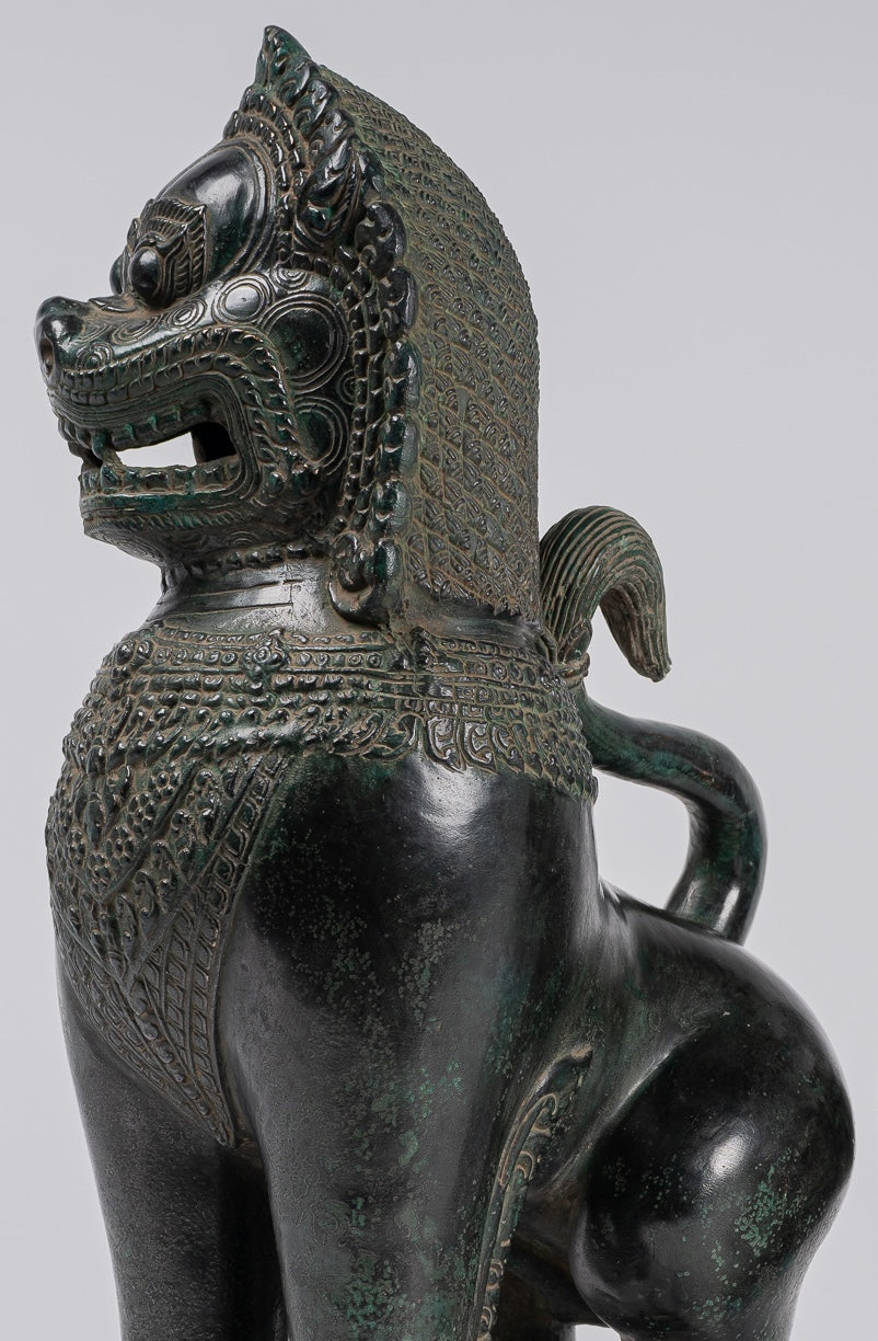Temple Lions - Antique Khmer Style Bronze Standing Temple Guardians or Lions - 38cm/15"