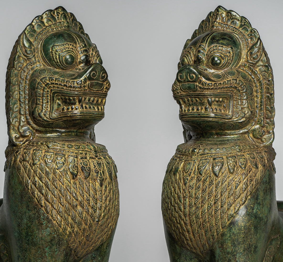 Temple Lions - Antique Khmer Style Bronze Temple Guardians or Lions (Pair) - 72cm/29"