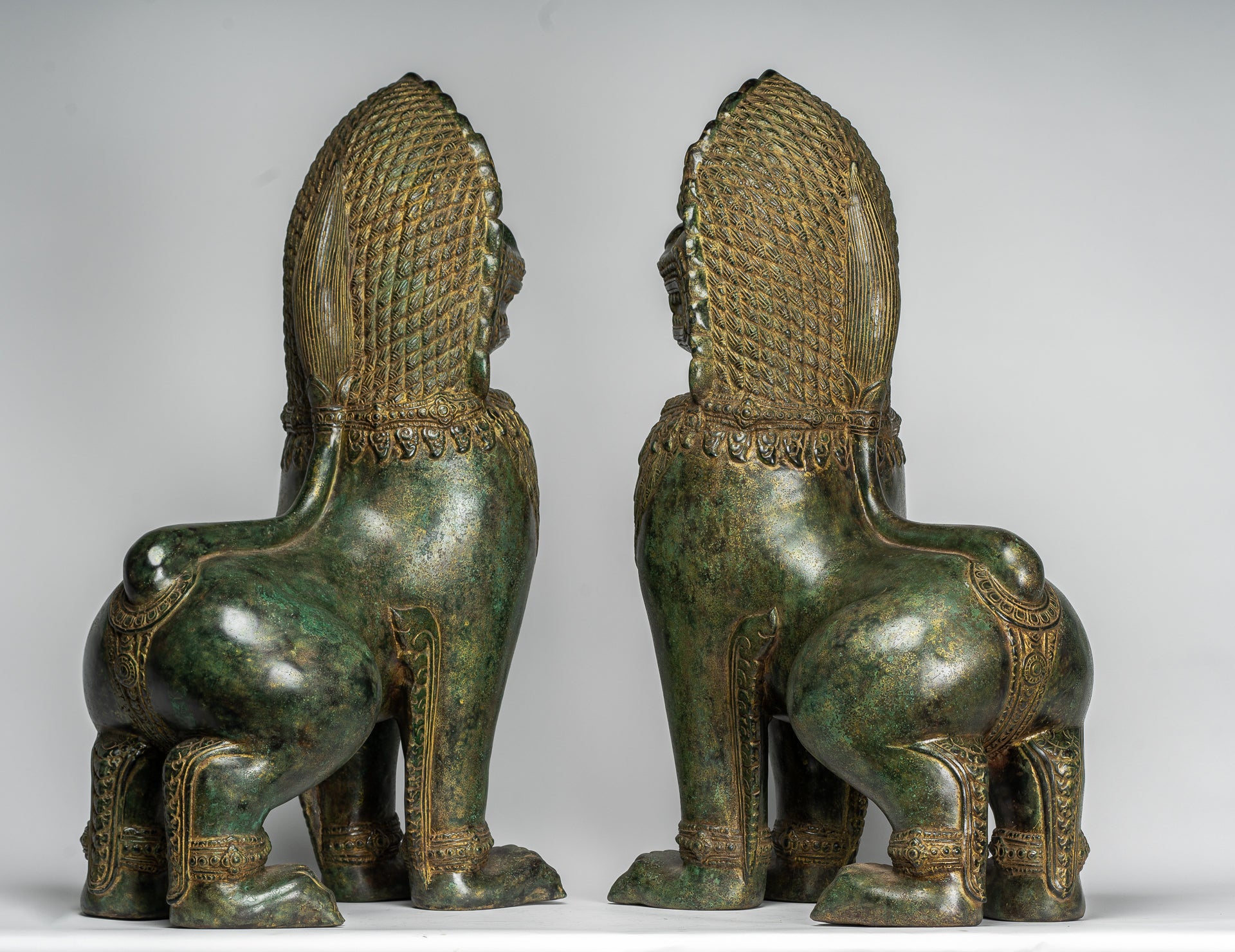 Temple Lions - Antique Khmer Style Bronze Temple Guardians or Lions (Pair) - 72cm/29"