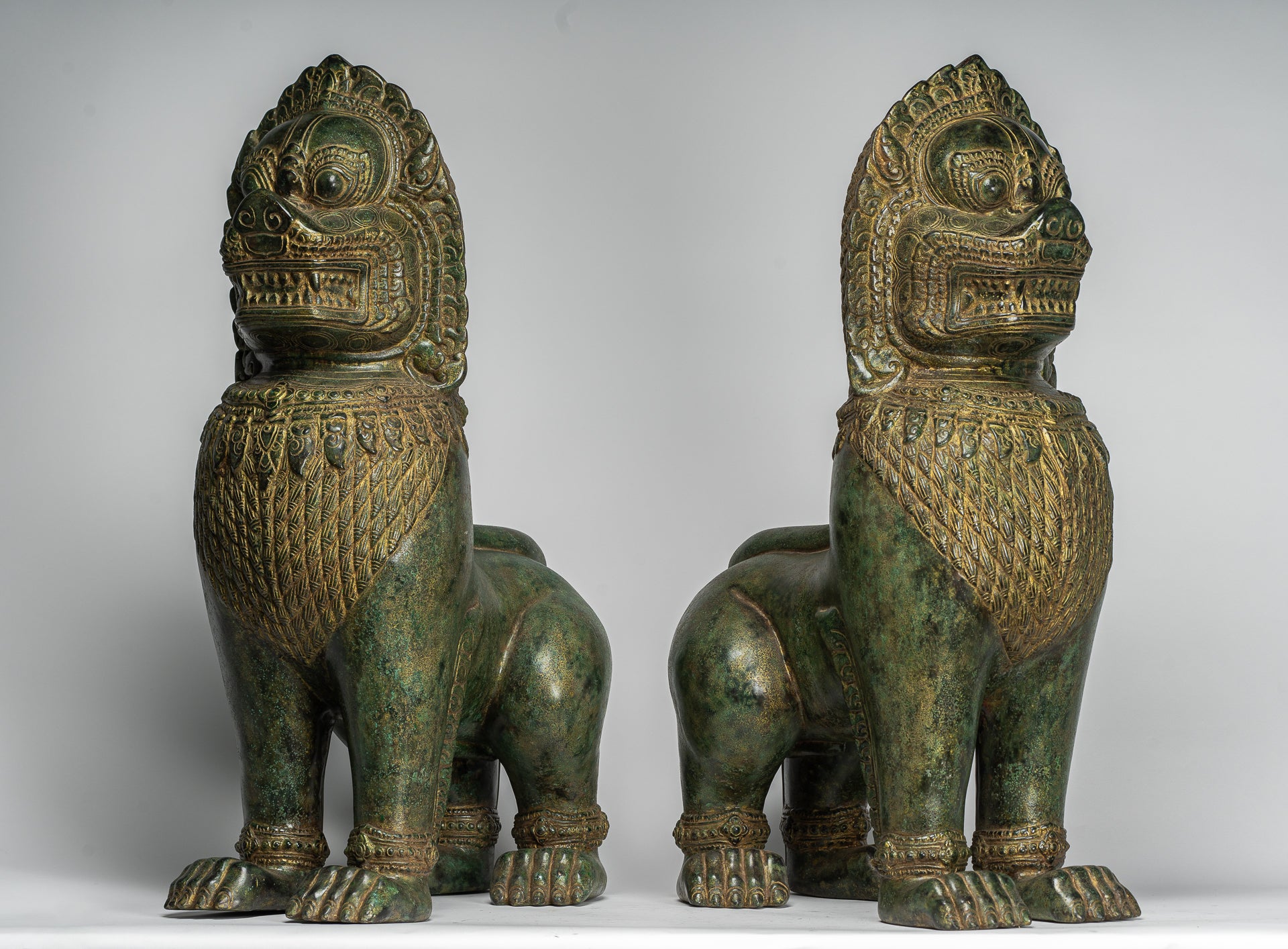 Temple Lions - Antique Khmer Style Bronze Temple Guardians or Lions (Pair) - 72cm/29"