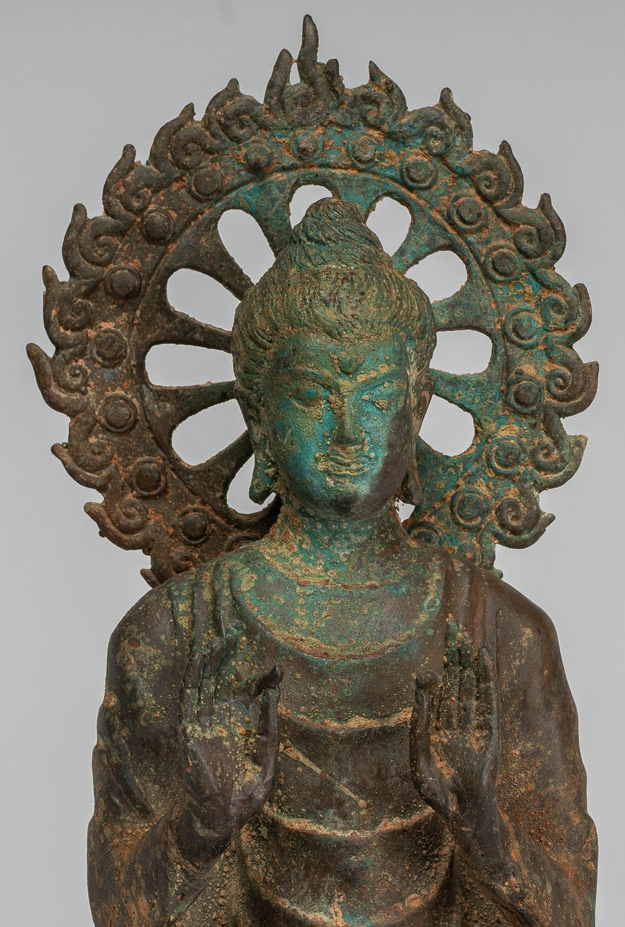 Estatua de Buda de la India - Estatua de Buda de Protección de Bronce Estilo de Gandhara antiguo - 29 cm/12 "