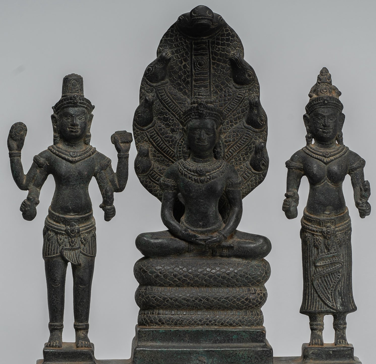 Buddha Statue - Antique Bayon Style Khmer Meditation Buddha. Vishnu and Lakshmi- 36cm/14"