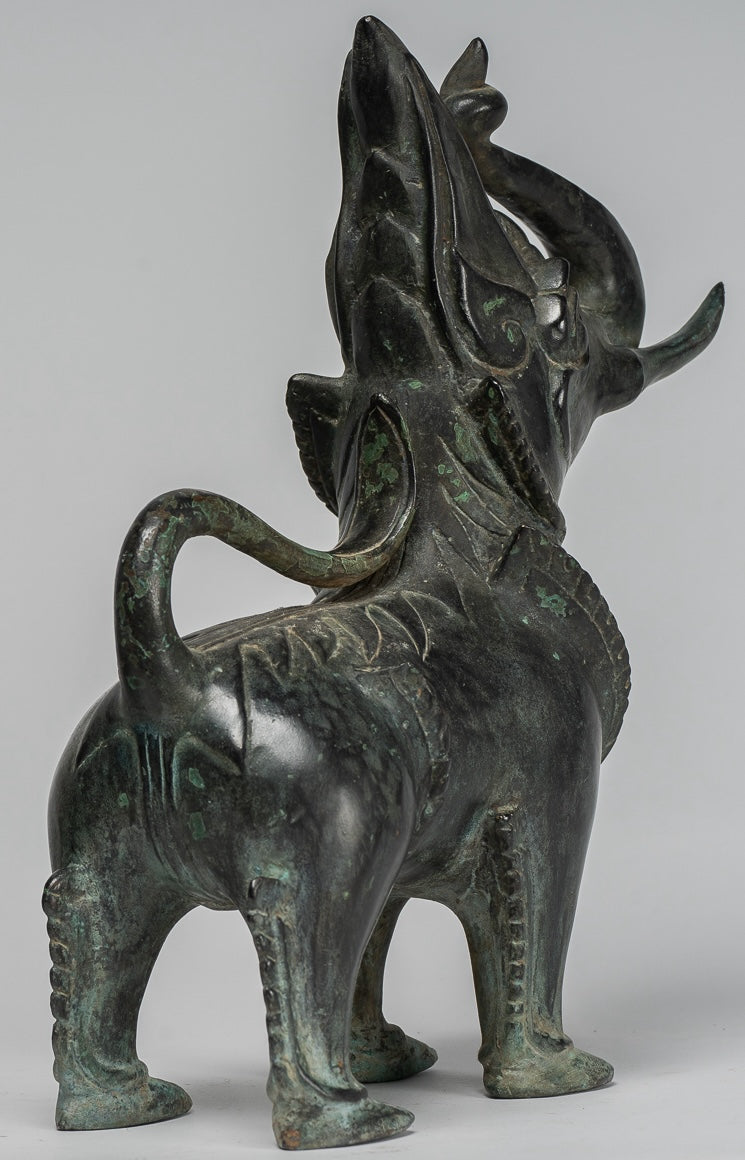 Antique Burmese Style Bronze Standing Chinthe Guardian Temple Lions - 29cm/12" (Pair)