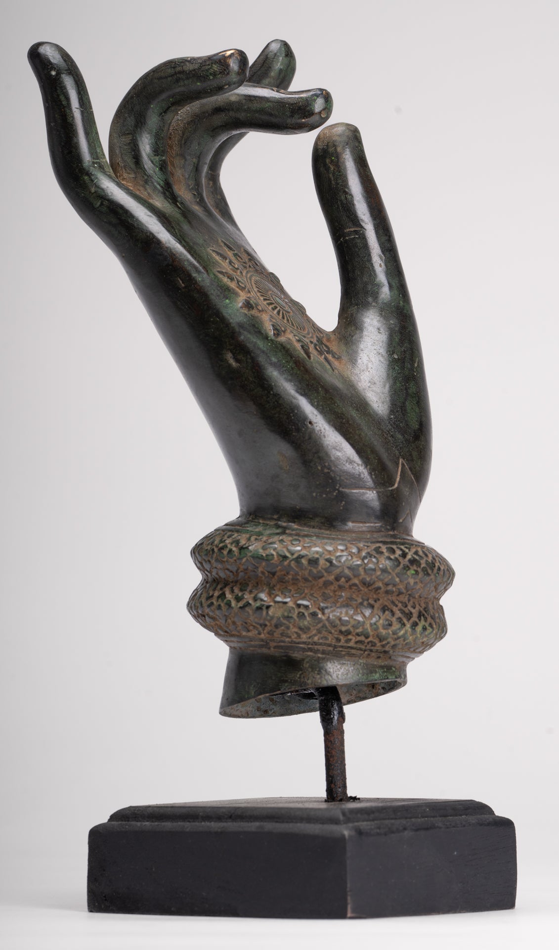 Mounted Antique Khmer Style Southeast Asia Bronze Teaching Hand - 29cm/12"