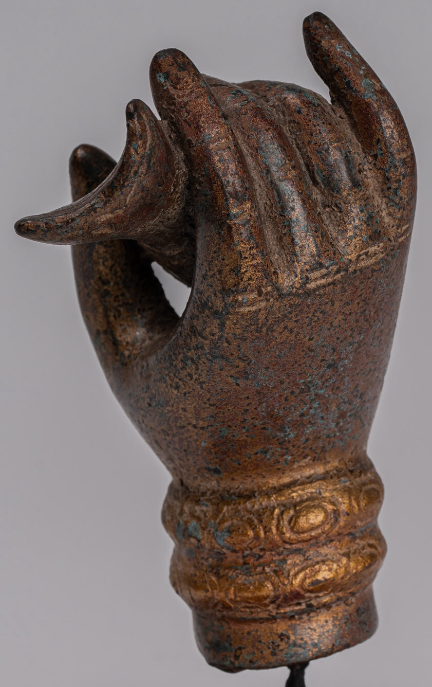 Mounted Antique Khmer Style Southeast Asia Bronze Hand & Conch Shell or Om - 15cm/6"