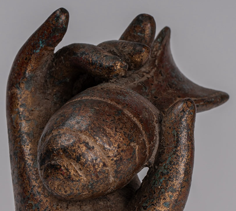 Mounted Antique Khmer Style Southeast Asia Bronze Hand & Conch Shell or Om - 15cm/6"