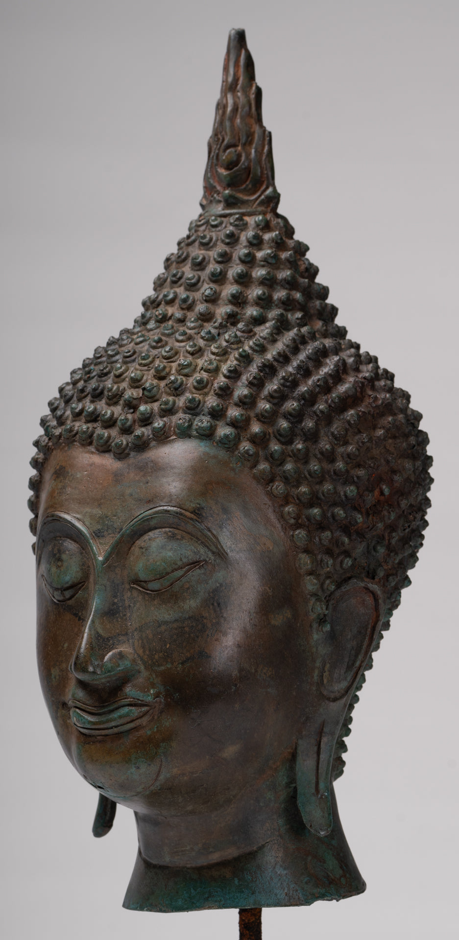 Buddha Head - Antique Thai Style Sukhothai Mounted Bronze Buddha Head - 38cm/15"